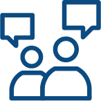 A blue icon of two people with speech bubbles above them.